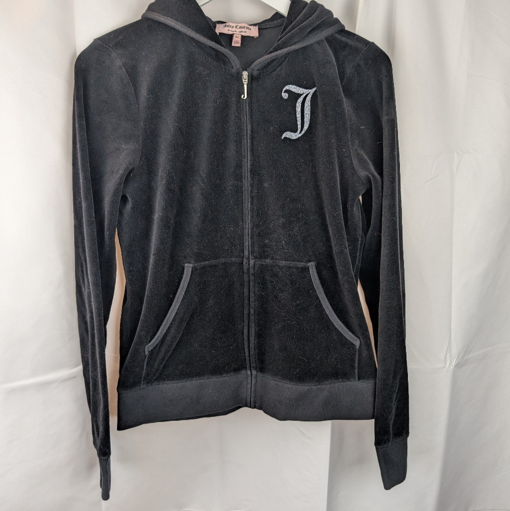 Juicy Couture vintage Y2K Black Zip-Kp Hoodie with Silver Print size XL In EUC